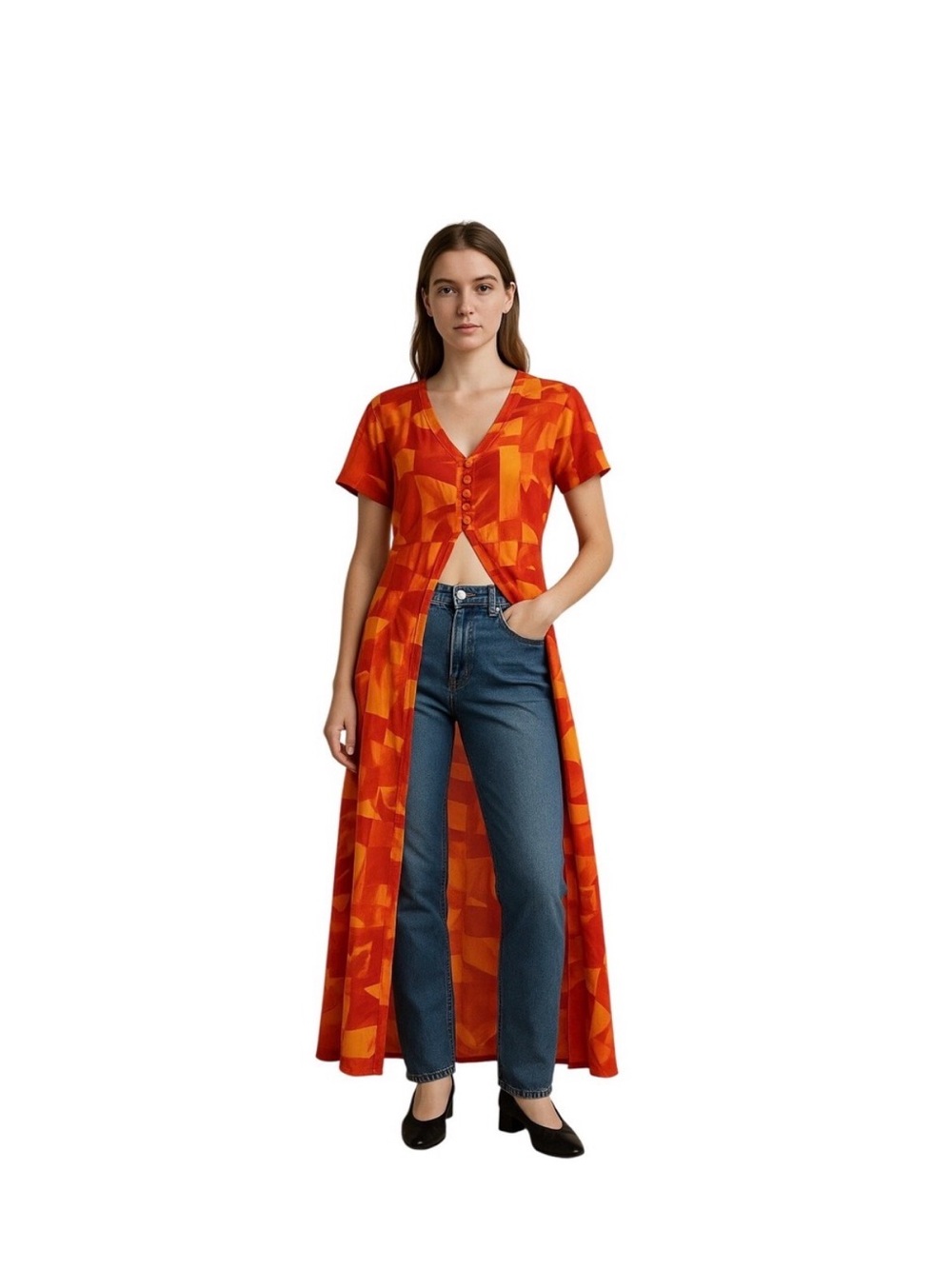 K.C. SPENCER Vintage 90s Abstract Print art teacher chic Maxi Duster Orange 14‎